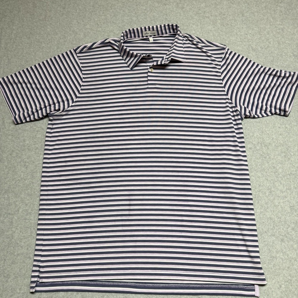 Peter Millar Golf  Polo Shirt Men's XL White, Purple Striped Soft With Stretch
